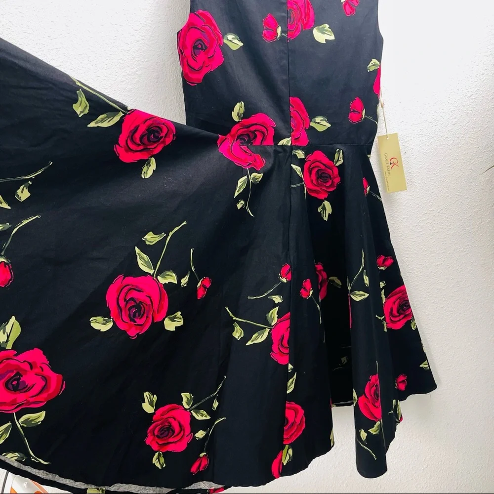 Grace Karin pink roses floral dress in black color scoop neck bouffant circular - Picture 4 of 7